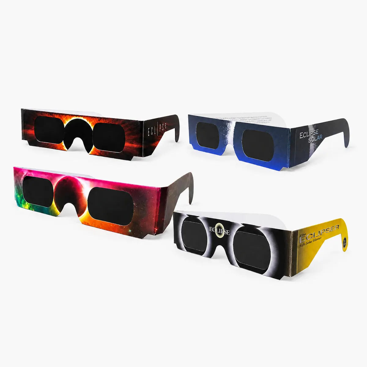 Assortiment panaché — les quatre modèles de lunettes d'éclipse solaire Eklipsee, certifiées EN ISO 12312-2 et marquées CE