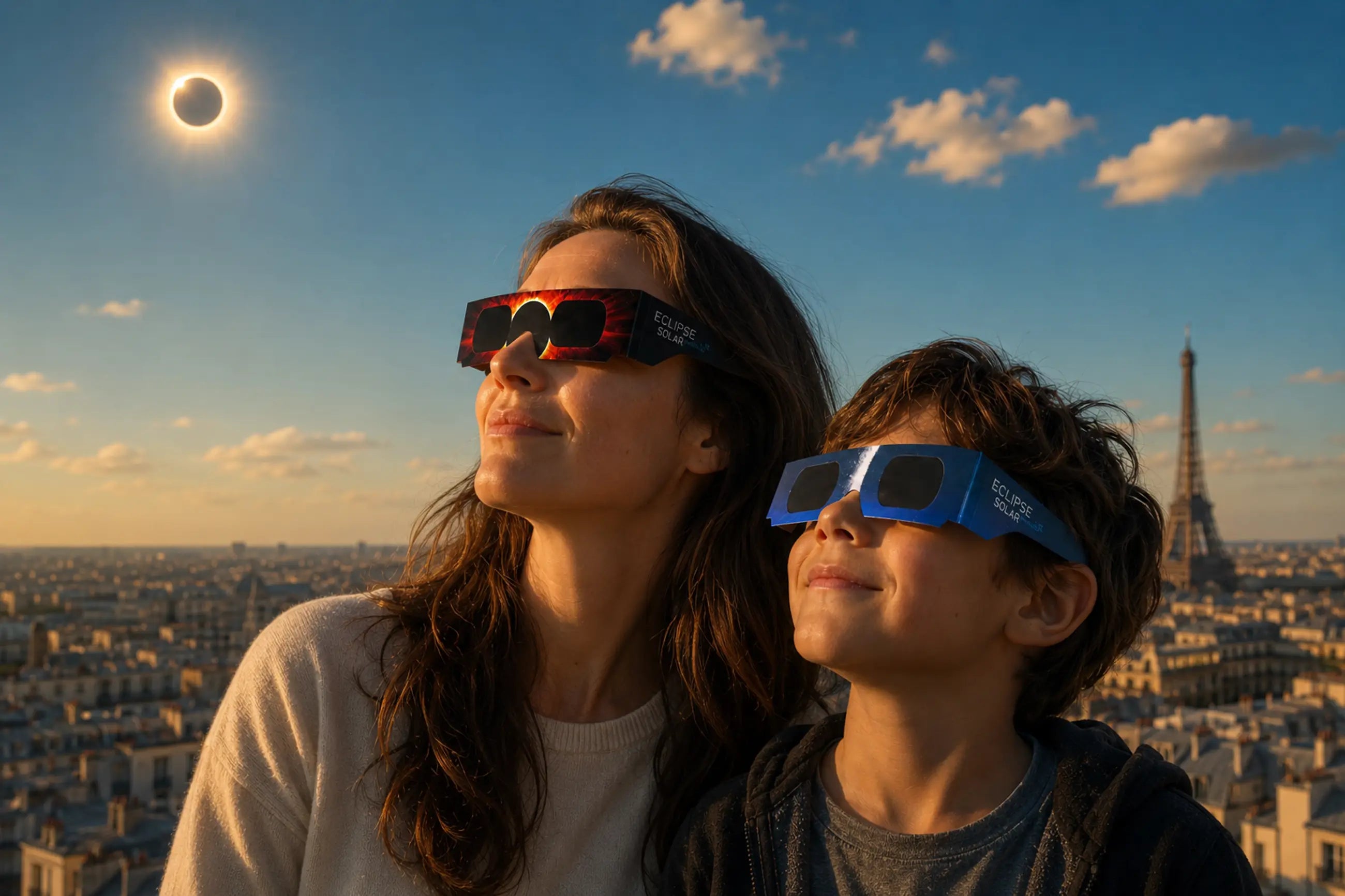 Une femme et un garçon à Paris regardant une éclipse solaire totale, portant tous deux des lunettes d’éclipse Eclipse Solar correctement positionnées sur leurs yeux, la tour Eiffel derrière eux.