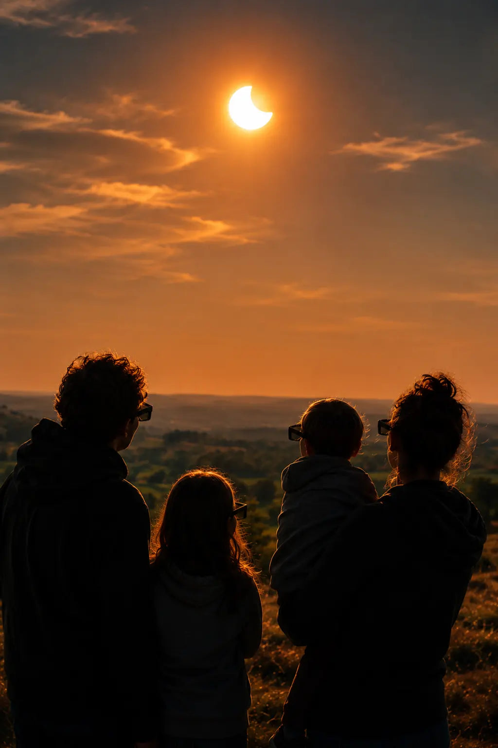 Famille observant l'éclipse solaire avec des lunettes de protection certifiées